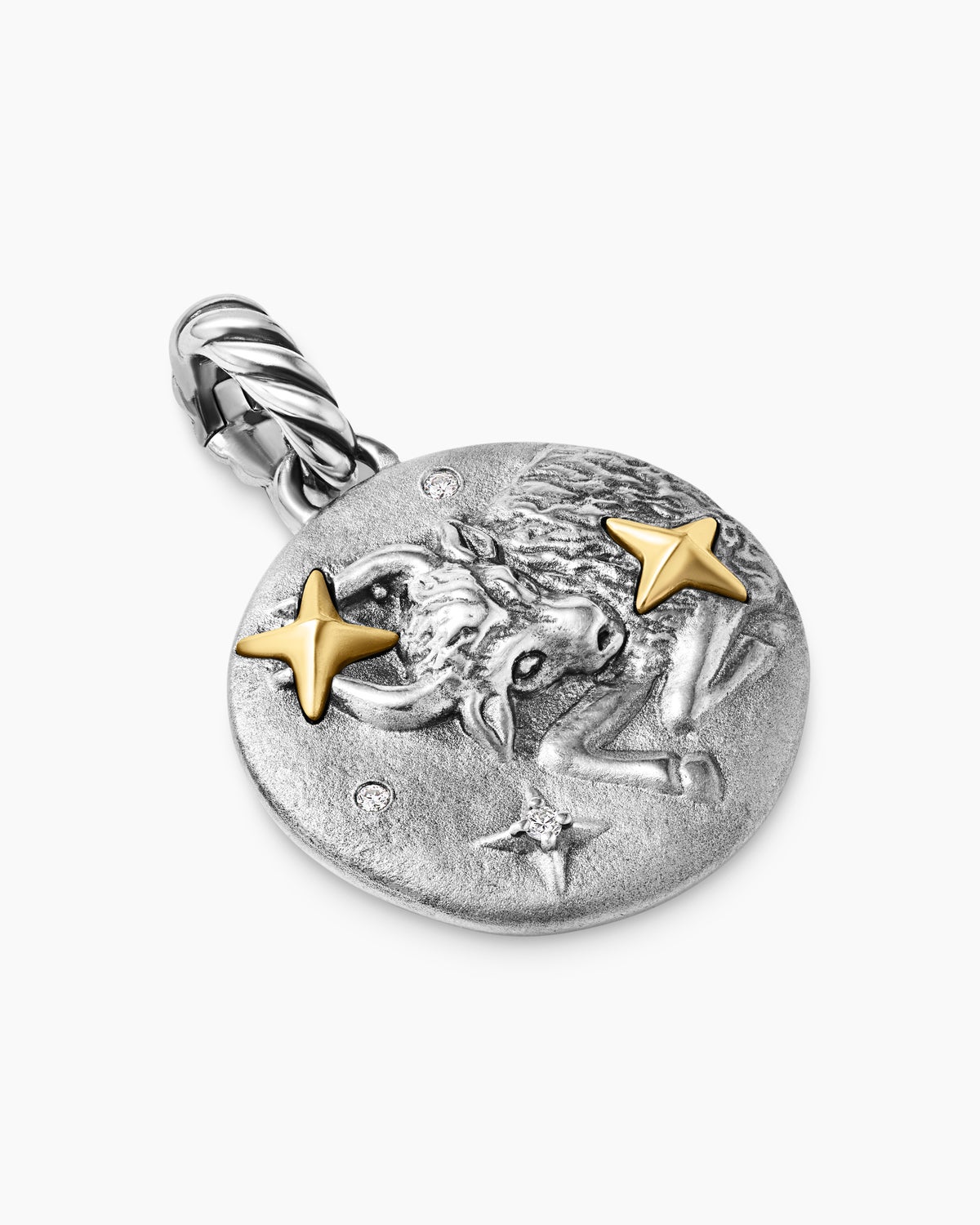 Taurus Amulet in Sterling Silver with 18K Yellow Gold and Diamonds, 19mm