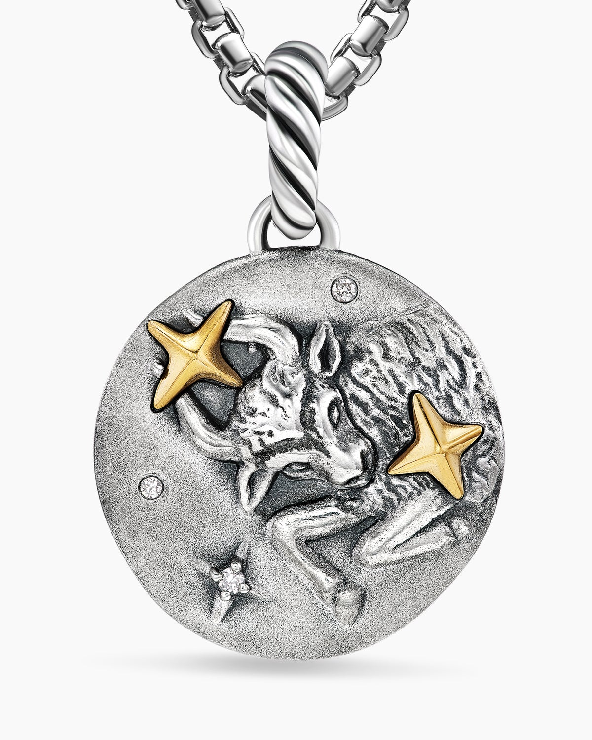 Taurus Amulet in Sterling Silver with 18K Yellow Gold and Diamonds, 19mm